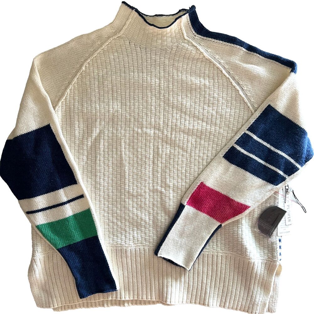 Zaket & Plover Sweater XL Checked Funnel neck Ivory Blue Wool Cotton NWT